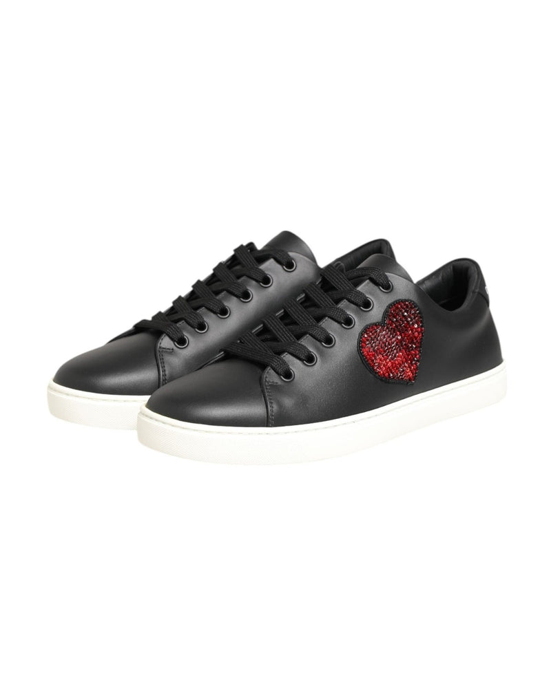 Dolce & Gabbana Black Leather White Crystal Heart Sneakers Shoes Glam Steals