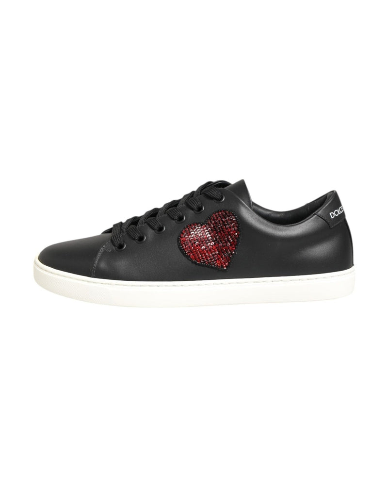 Dolce & Gabbana Black Leather White Crystal Heart Sneakers Shoes Glam Steals