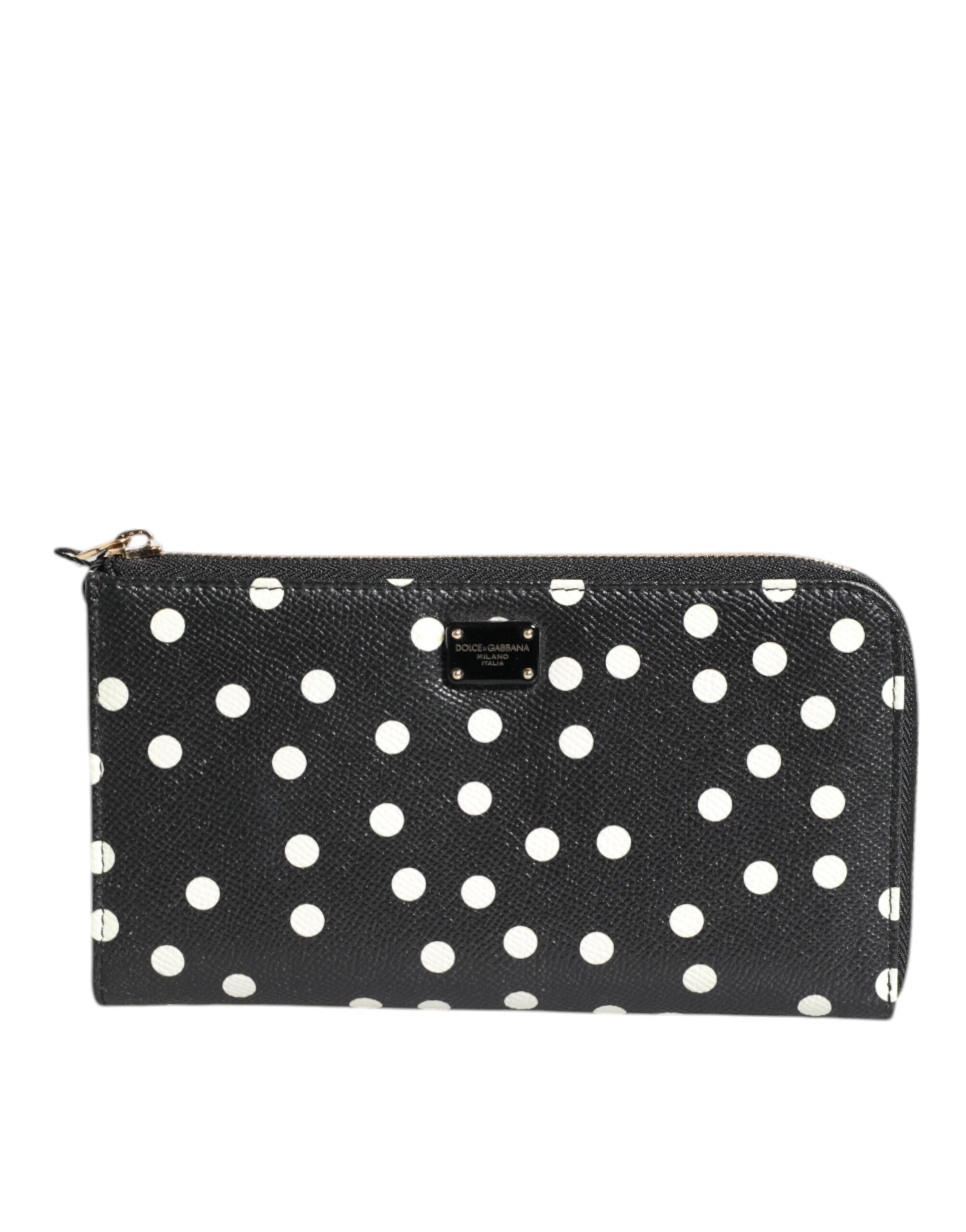 Dolce & Gabbana Black Leather White Dotted Zip Around Continental Wallet Glam Steals