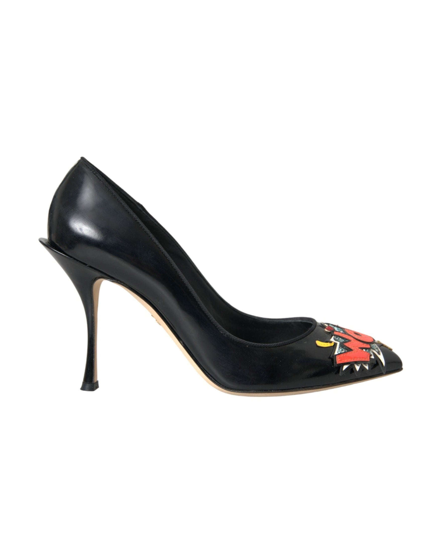Dolce & Gabbana Black Leather Wow Patch Heels Pumps Shoes Glam Steals