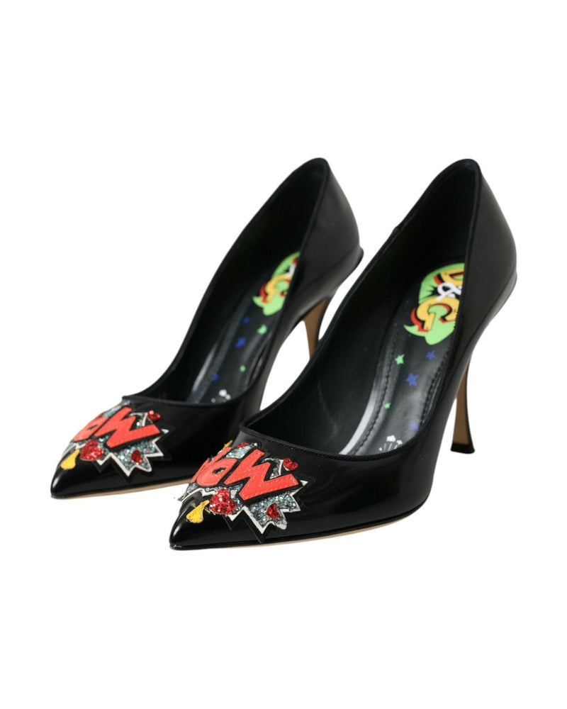Dolce & Gabbana Black Leather Wow Patch Heels Pumps Shoes Glam Steals