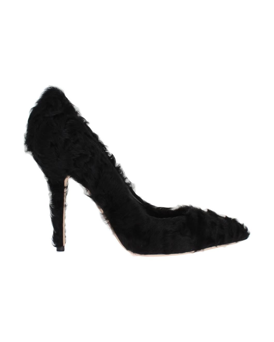 Dolce & Gabbana Black Leather Xiangao Lamb Fur Pumps Heels