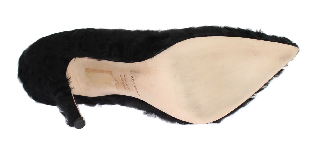 Dolce & Gabbana Black Leather Xiangao Lamb Fur Pumps Heels
