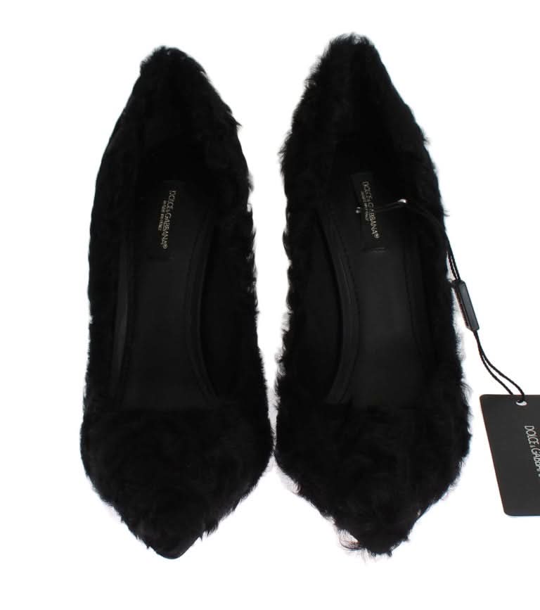 Dolce & Gabbana Black Leather Xiangao Lamb Fur Pumps Heels