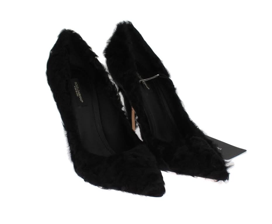 Dolce & Gabbana Black Leather Xiangao Lamb Fur Pumps Heels
