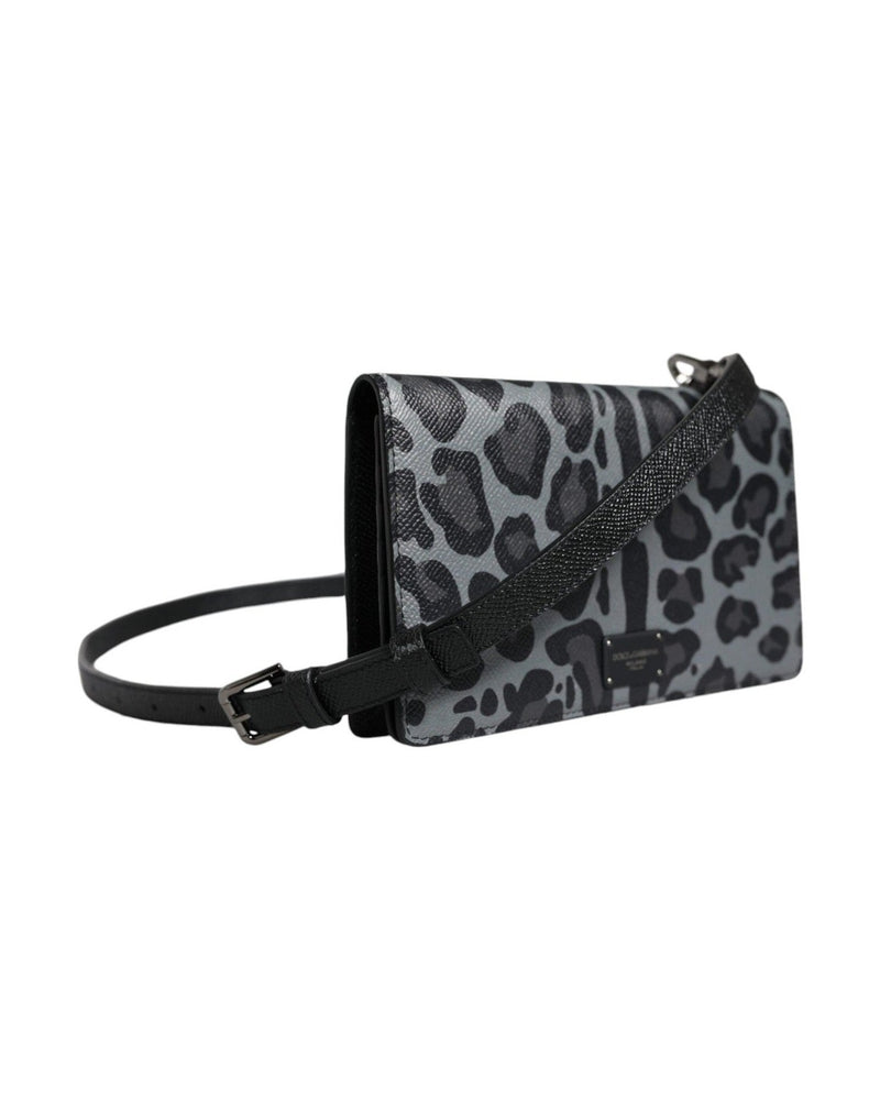 Dolce & Gabbana Leopard Leather Bifold Card Slot Crossbody Black Gray Bag Glam Steals