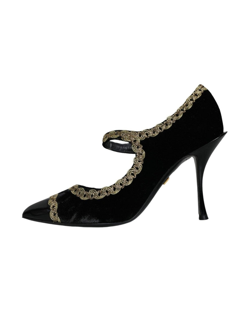 Dolce & Gabbana Black Mary Janes Velvet Gold Pumps Shoes Glam Steals