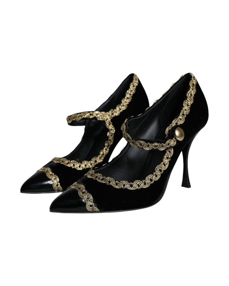Dolce & Gabbana Black Mary Janes Velvet Gold Pumps Shoes Glam Steals