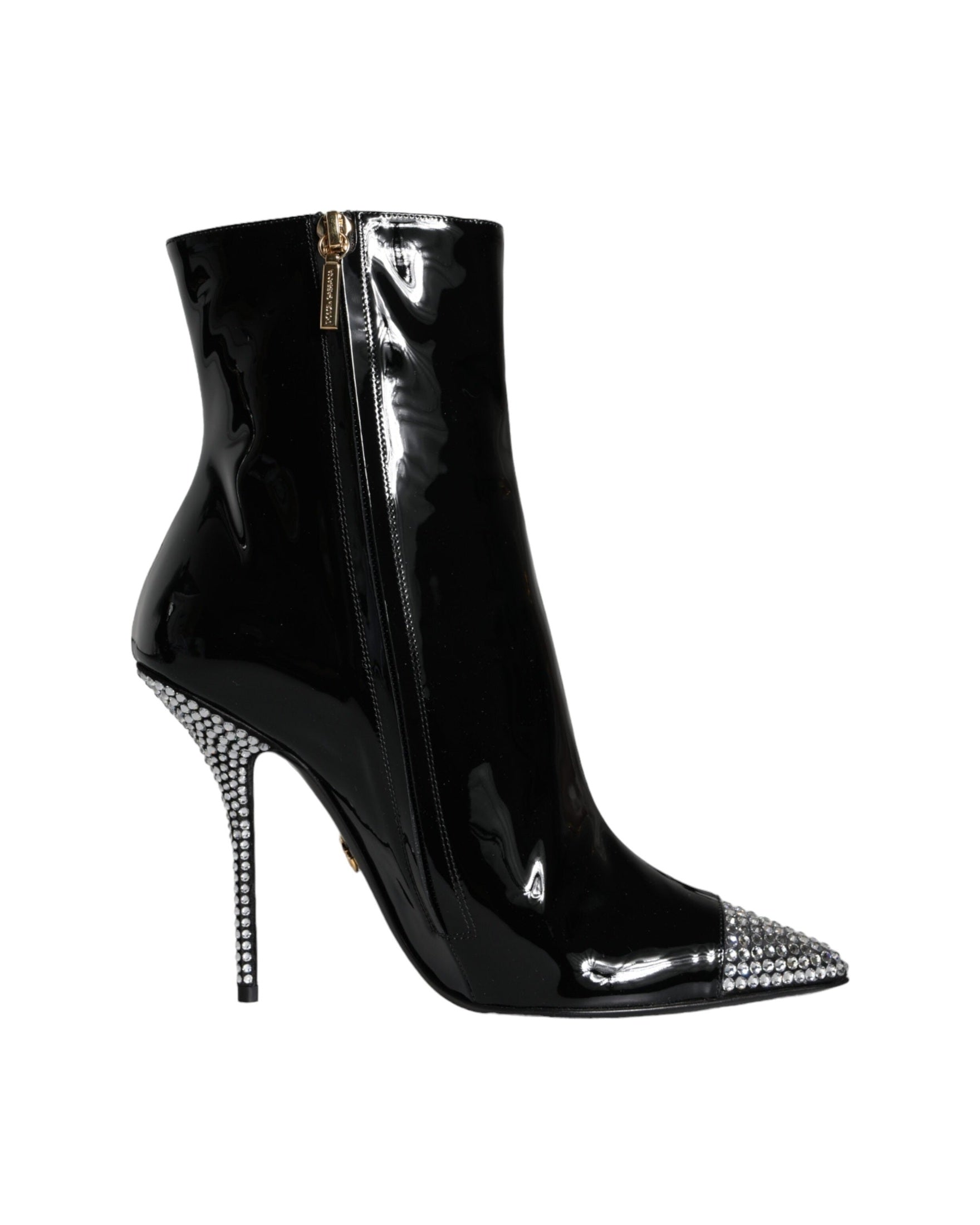 Dolce & Gabbana Black Patent Leather Crystal Heel Boots Shoes Glam Steals