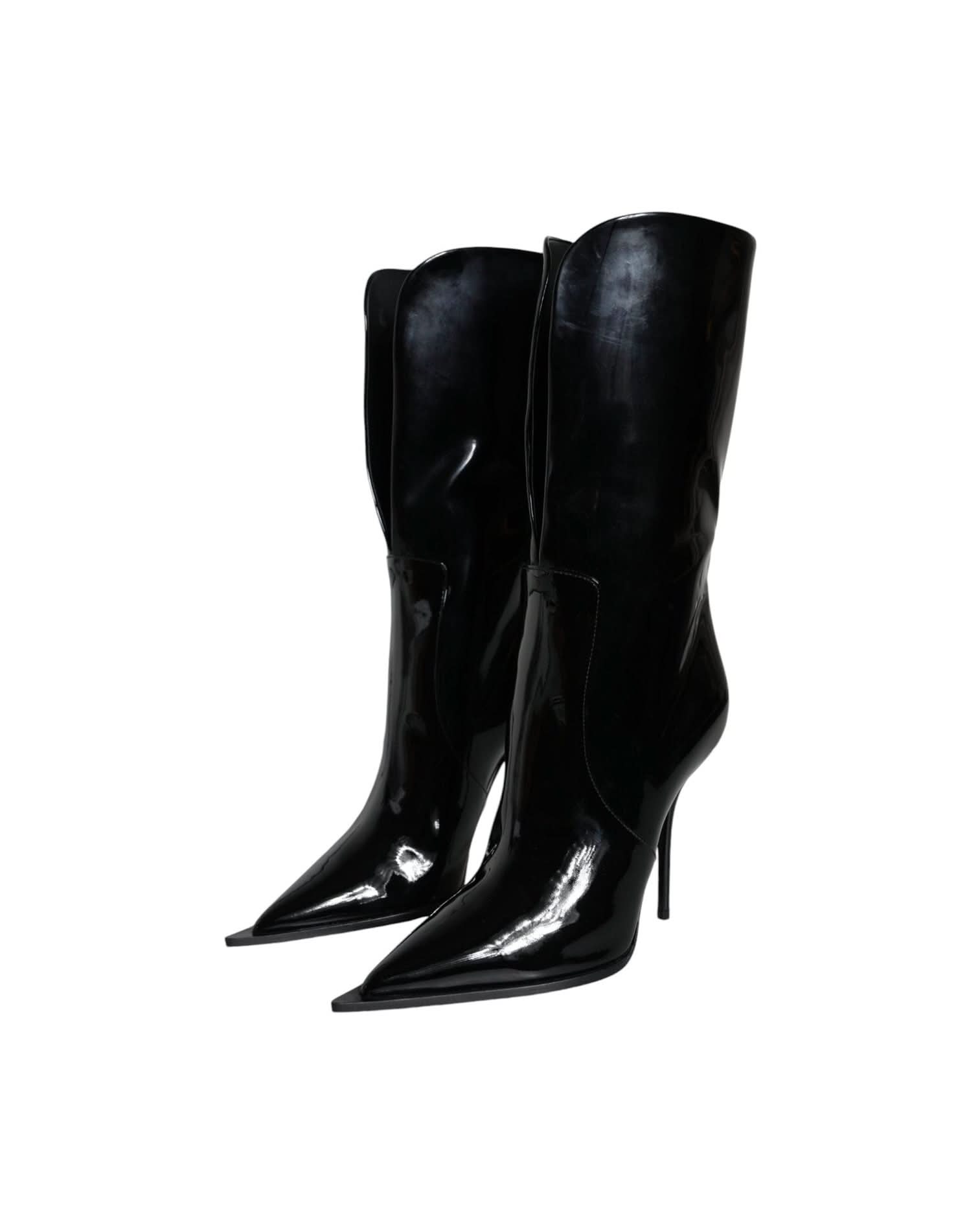 Dolce & Gabbana Black Patent Leather Mid Calf Boots Shoes Boots