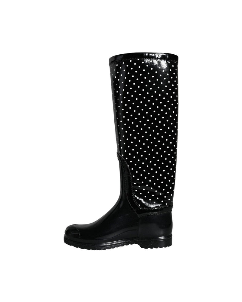Dolce & Gabbana Black Polka Dot Rubber Knee High Boots Shoes Glam Steals