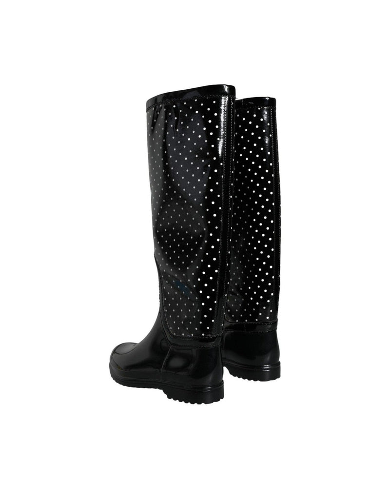 Dolce & Gabbana Black Polka Dot Rubber Knee High Boots Shoes Glam Steals