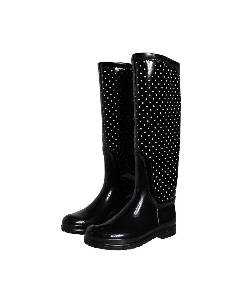Dolce & Gabbana Black Polka Dot Rubber Knee High Boots Shoes Glam Steals