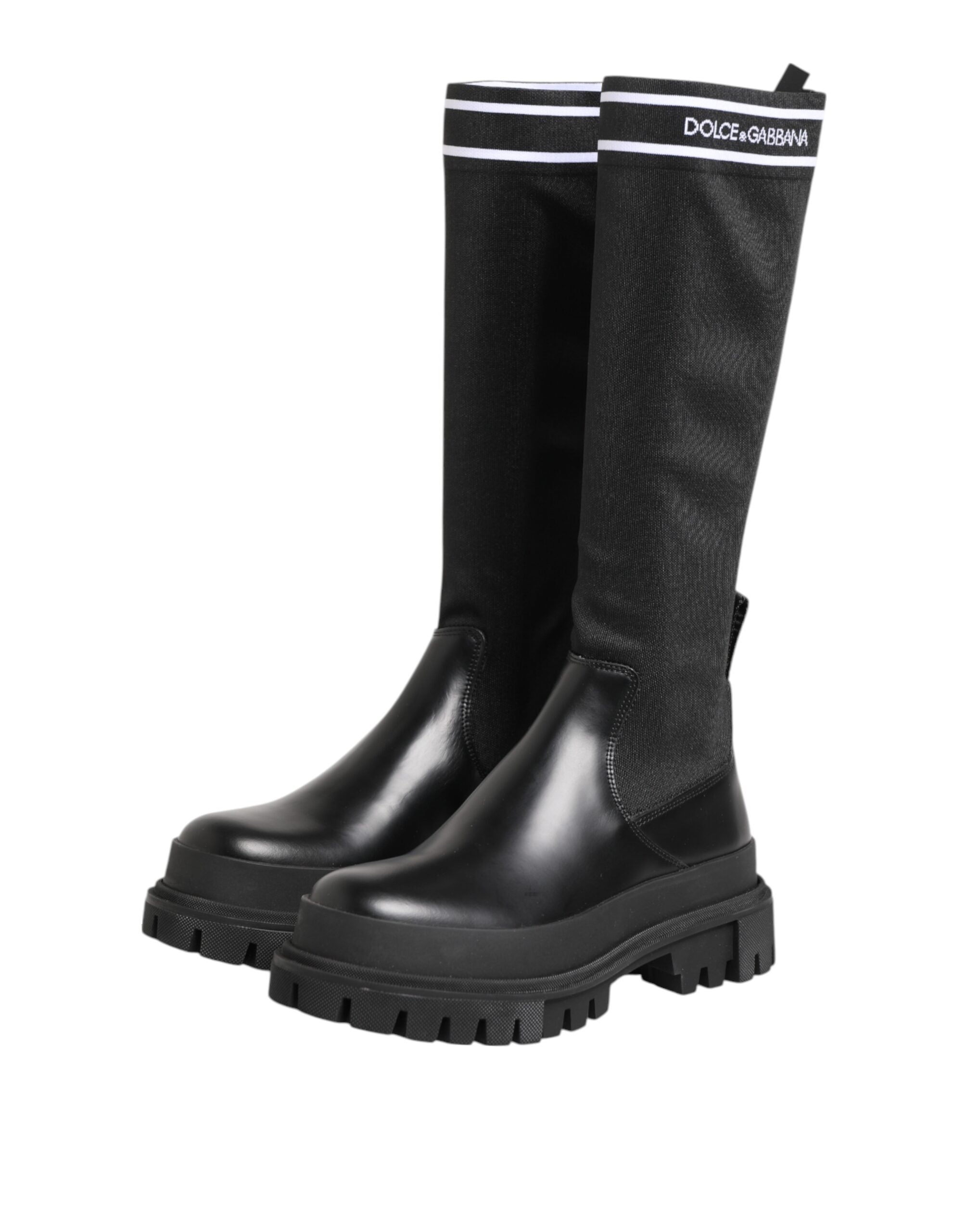 Dolce & Gabbana Black Polyester White Socks High Boots Shoes Glam Steals