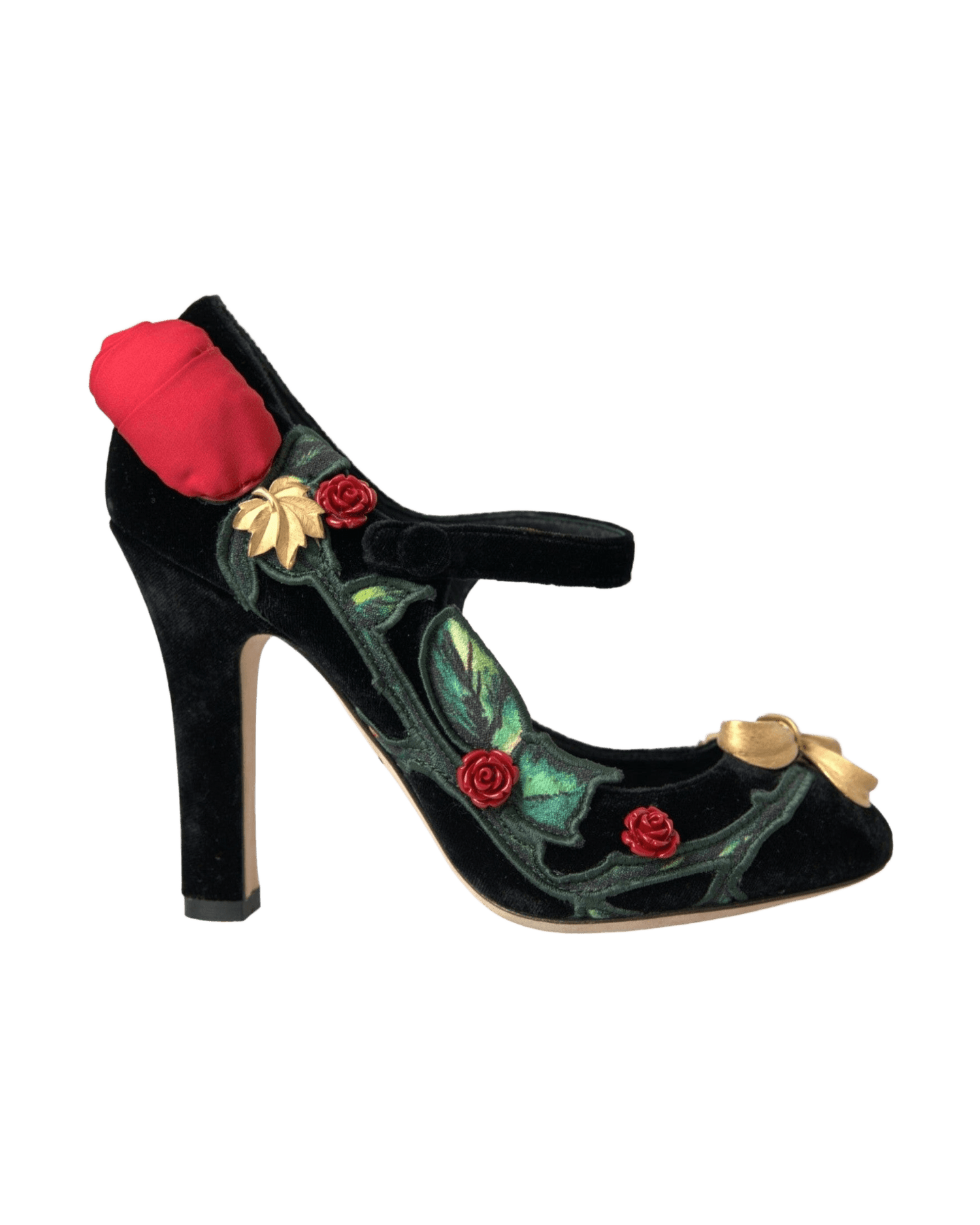 Dolce & Gabbana Black Roses Crystal Brooch Mary Jane Shoes Heels