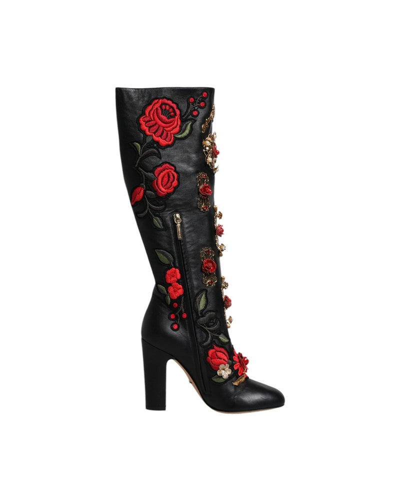 Dolce & Gabbana Black Roses Embellished Leather Heel Boots Shoes Boots