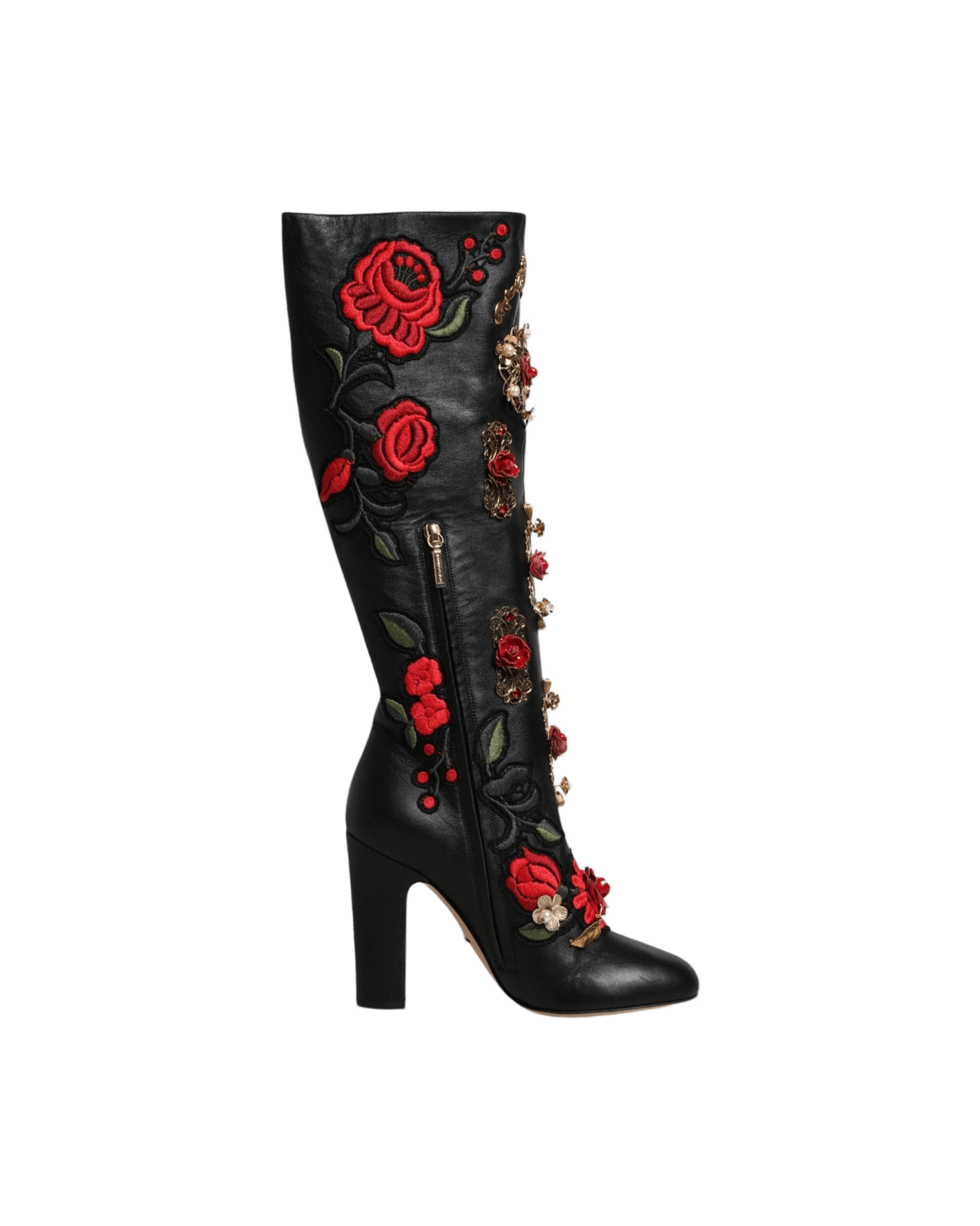 Dolce & Gabbana Black Roses Embellished Leather Heel Boots Shoes Glam Steals