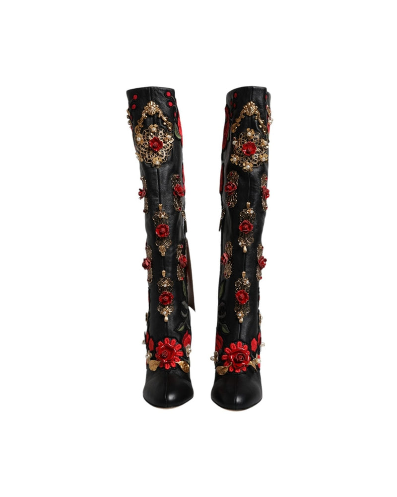 Dolce & Gabbana Black Roses Embellished Leather Heel Boots Shoes Glam Steals
