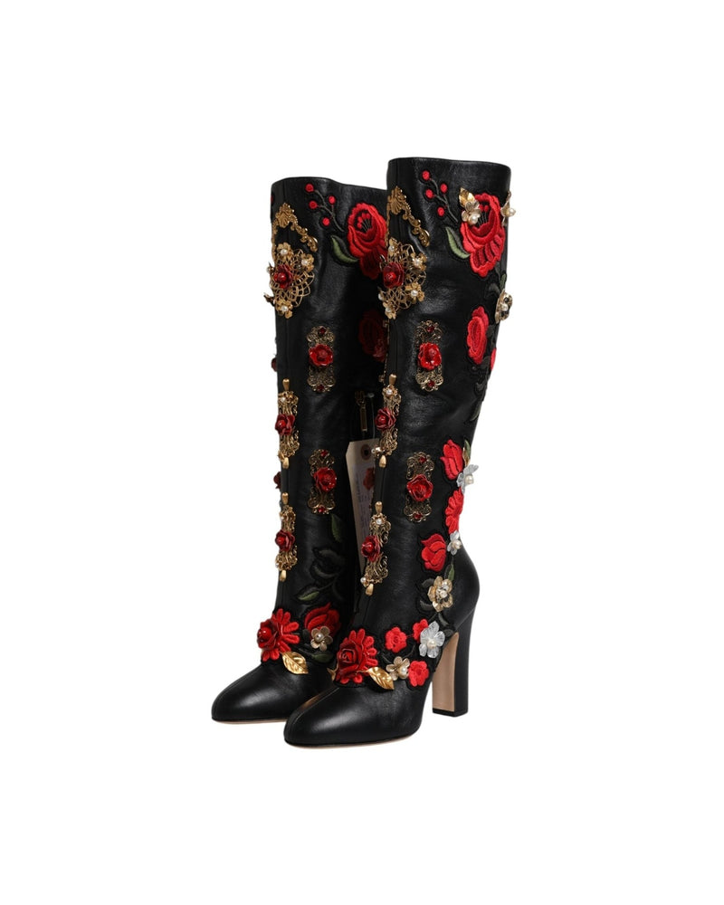 Dolce & Gabbana Black Roses Embellished Leather Heel Boots Shoes Glam Steals