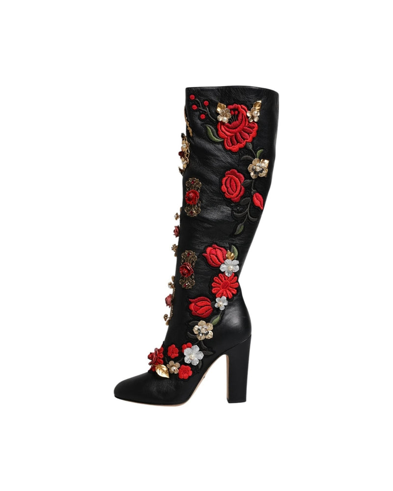Dolce & Gabbana Black Roses Embellished Leather Heel Boots Shoes Glam Steals