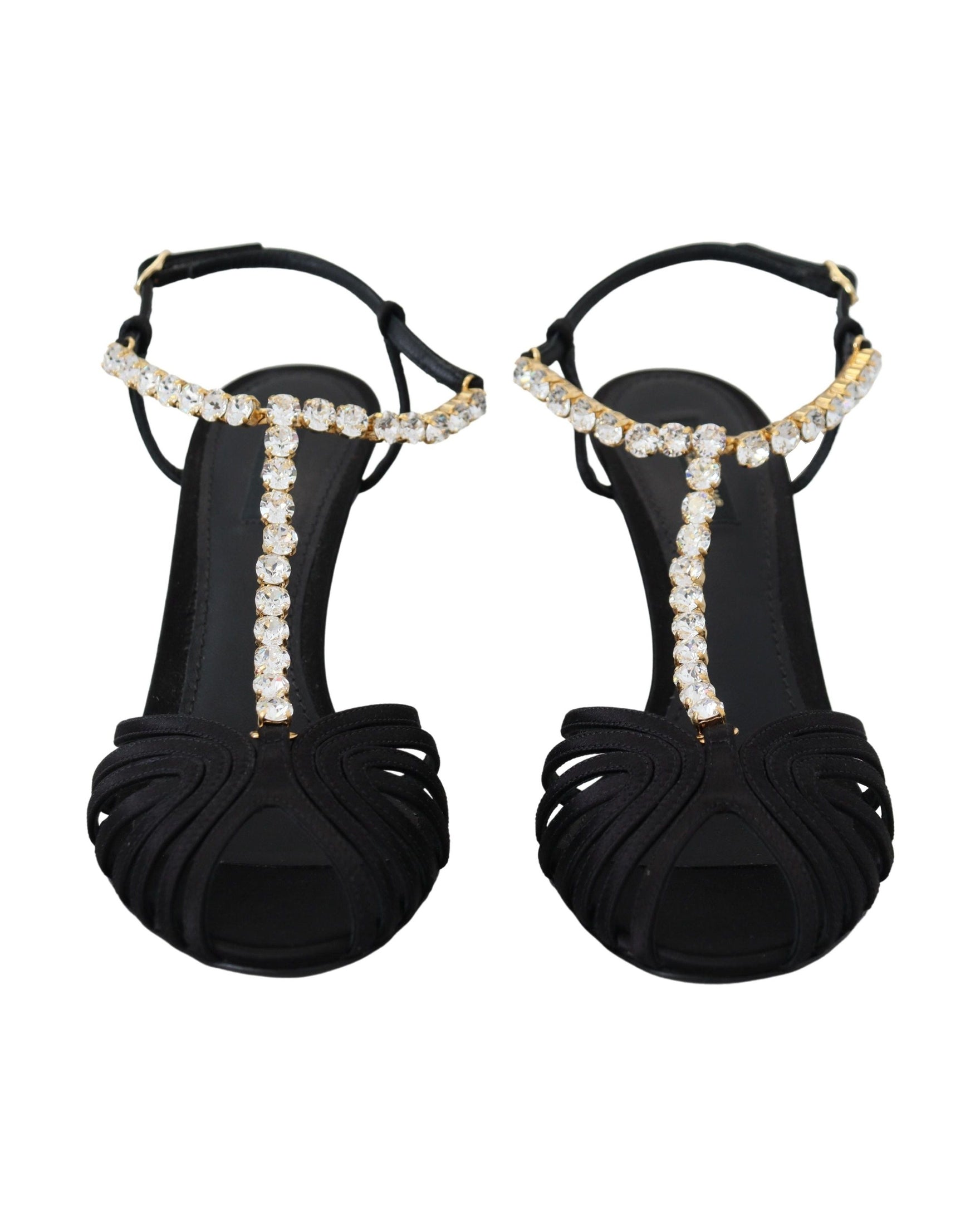 Dolce & Gabbana Black Satin Clear Crystal T Strap Sandals Glam Steals