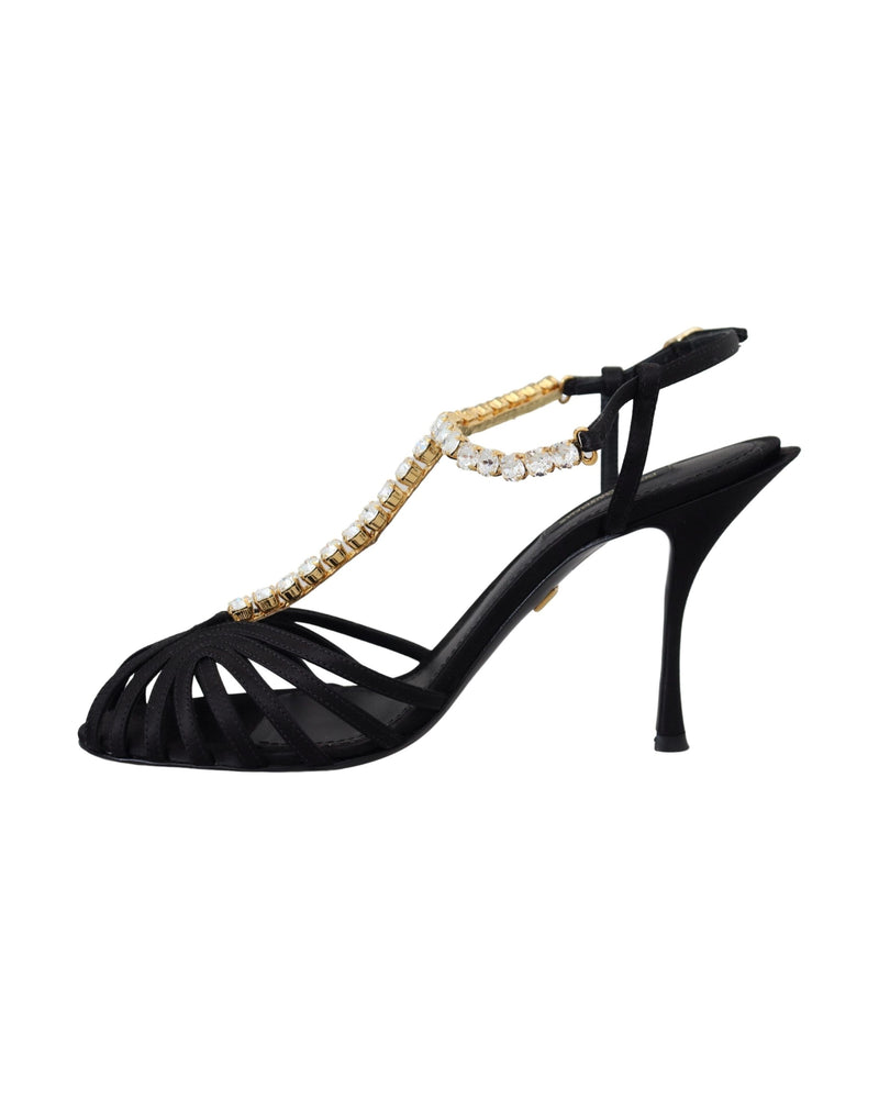 Dolce & Gabbana Black Satin Clear Crystal T Strap Sandals Glam Steals