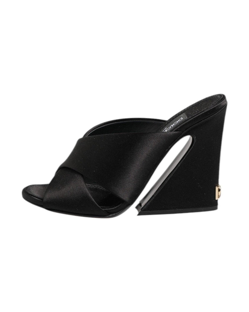 Dolce & Gabbana Black Satin Logo Keira Slides Sandals Shoes Heels