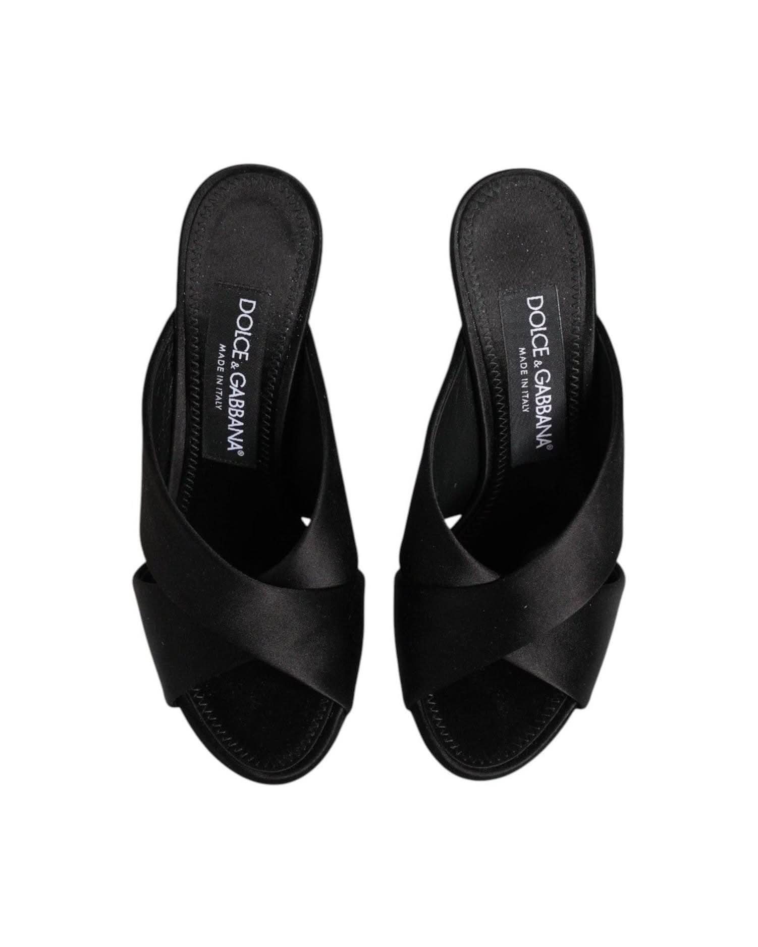 Dolce & Gabbana Black Satin Logo Keira Slides Sandals Shoes Heels