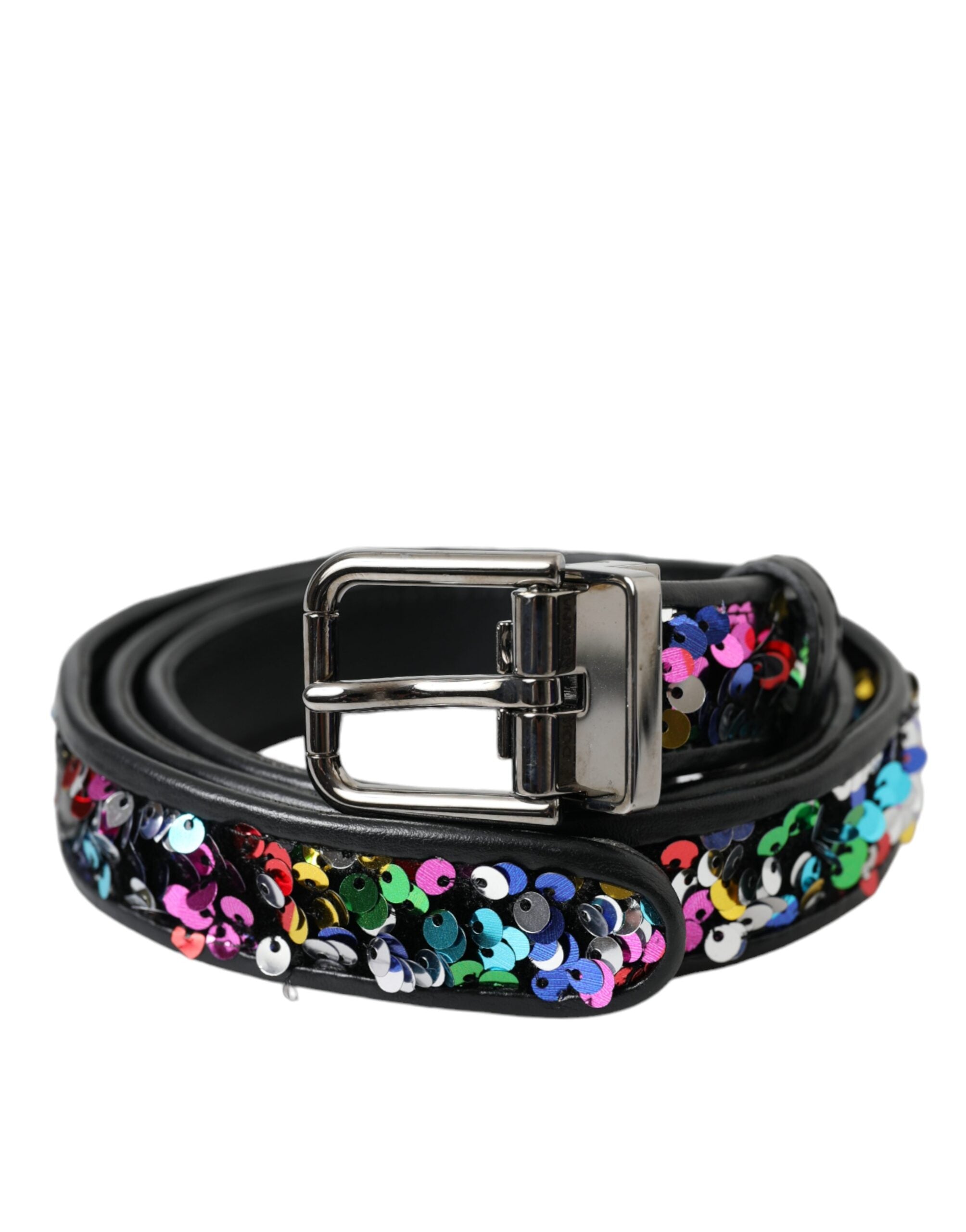 Dolce & Gabbana Black Sequined Silver Metal Buckle Belt Glam Steals