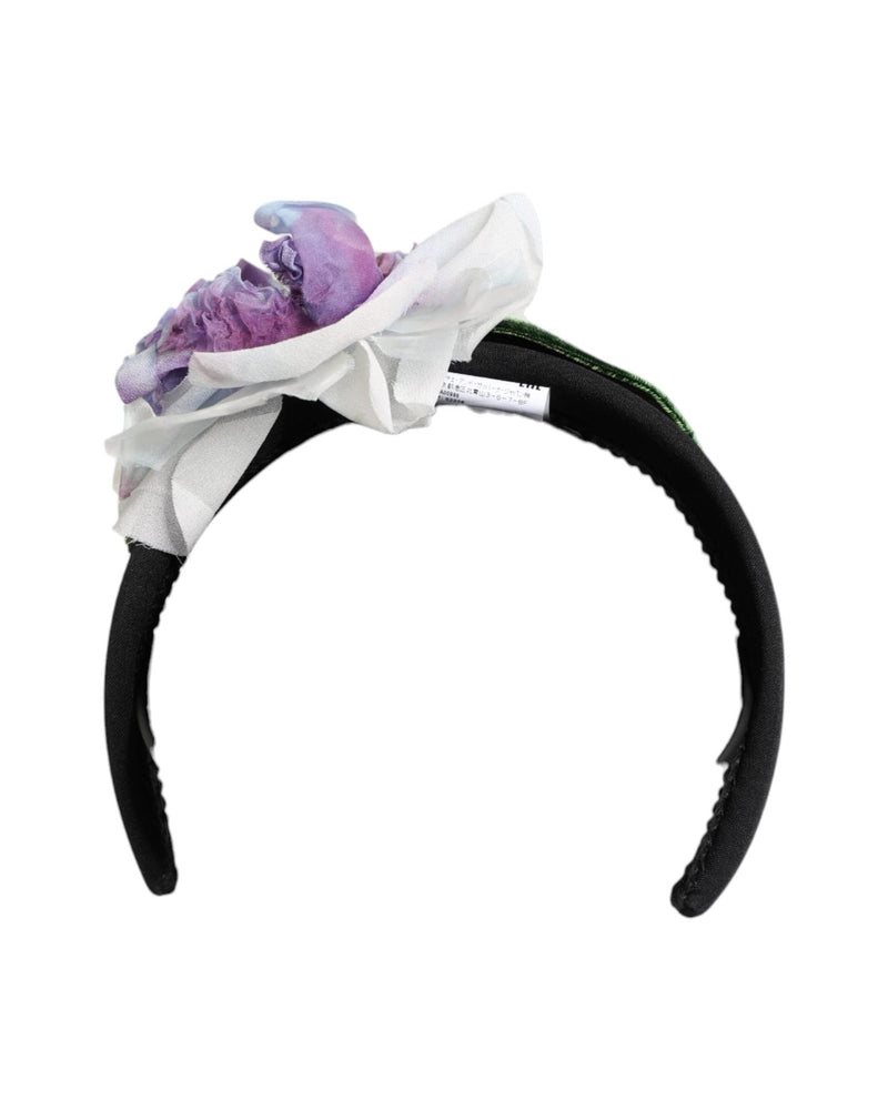 Dolce & Gabbana Black Silk Green Purple White Floral Appliqué Accessory Headband Glam Steals