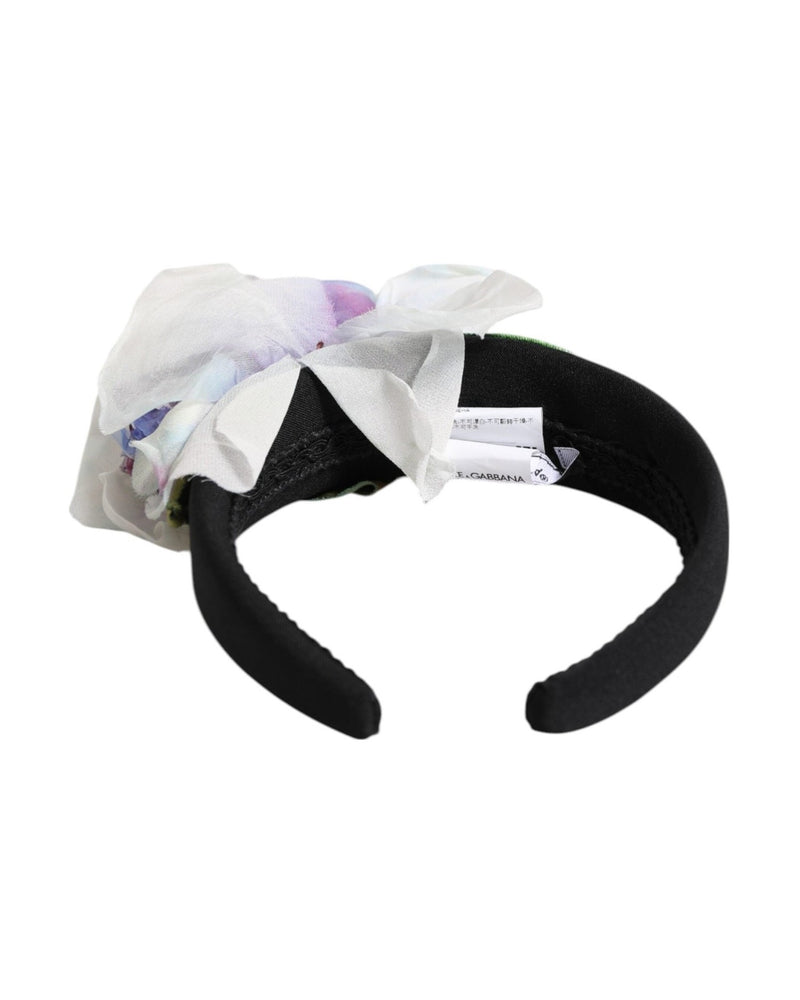 Dolce & Gabbana Black Silk Green Purple White Floral Appliqué Accessory Headband Glam Steals