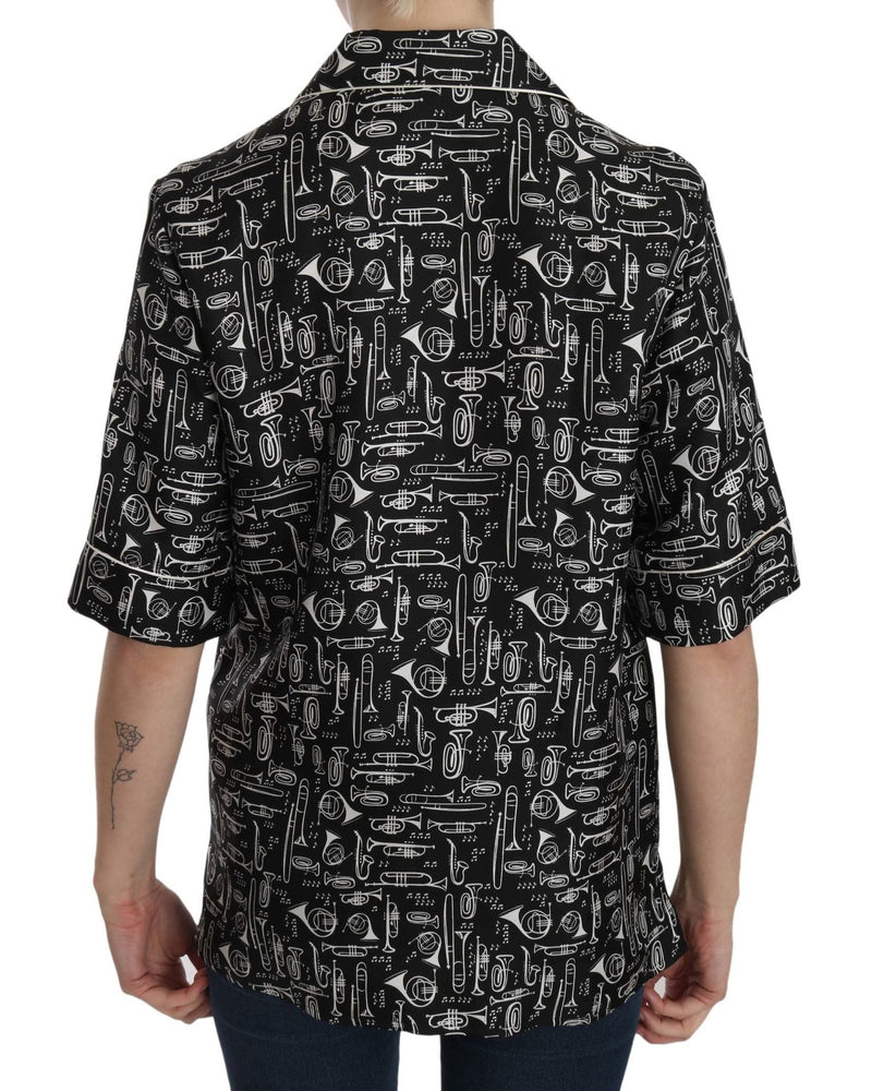 Dolce & Gabbana Black Silk Musical Instrument Print Top Shirts