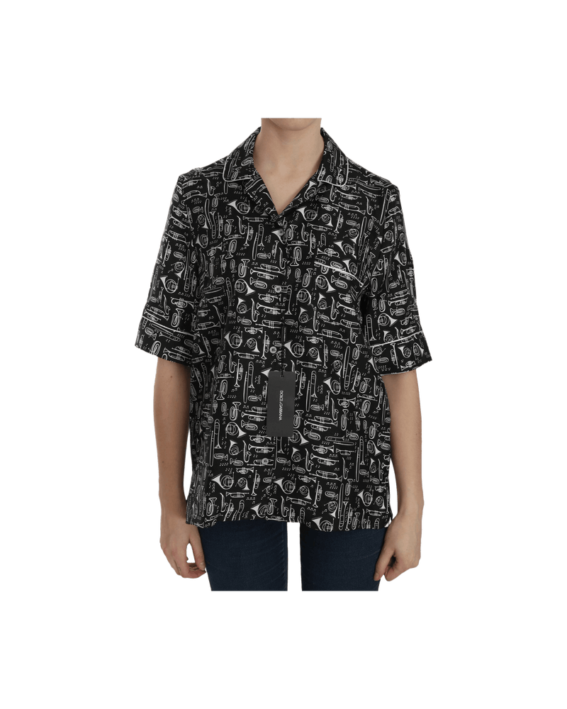 Dolce & Gabbana Black Silk Musical Instrument Print Top Shirts