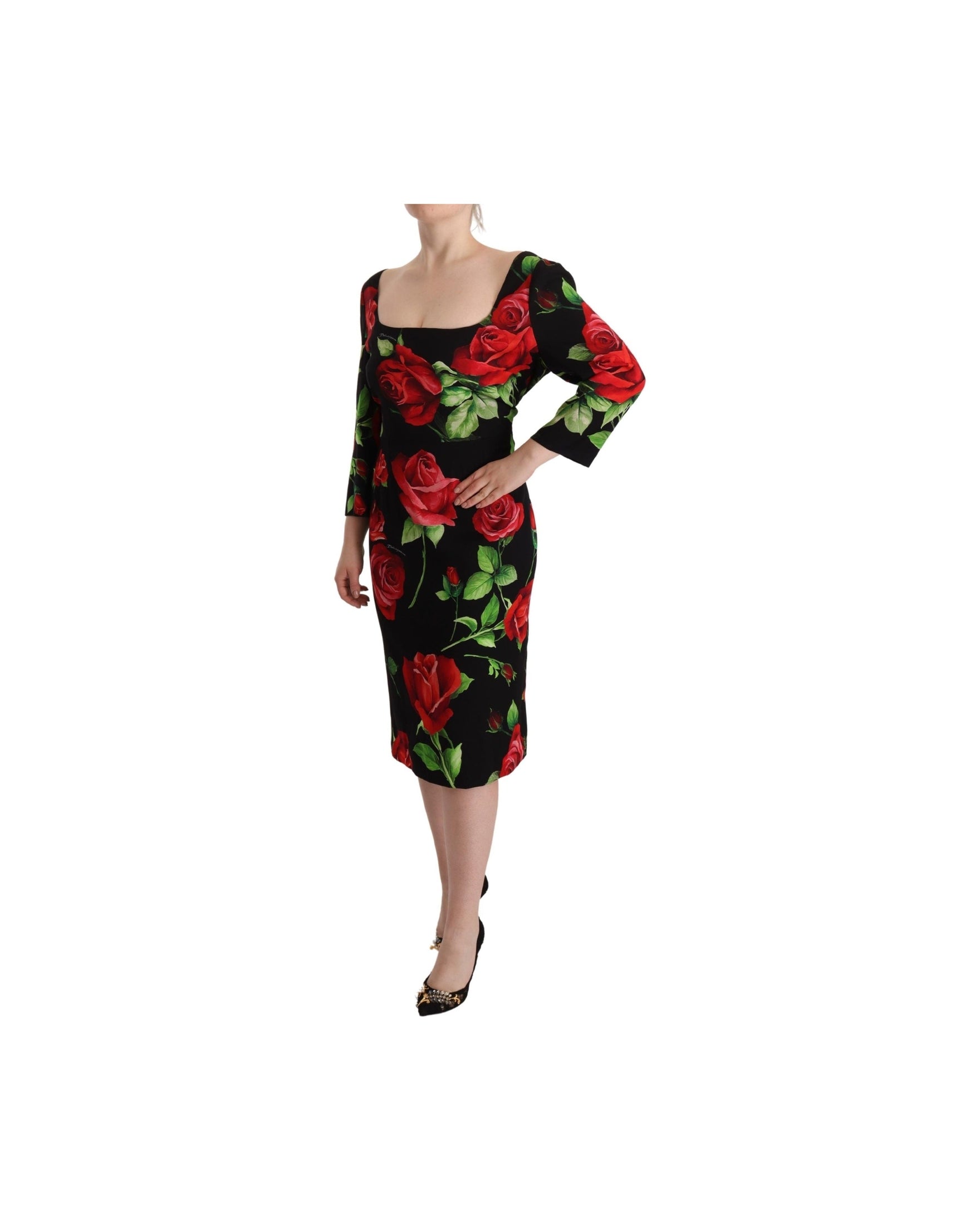 Dolce & Gabbana Black Silk Red Roses Sheath Stretch Dress Glam Steals