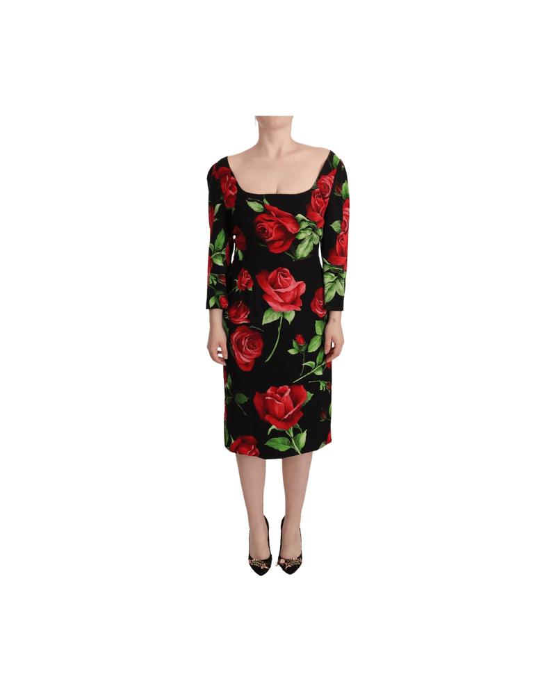 Dolce & Gabbana Black Silk Red Roses Sheath Stretch Dress Dresses