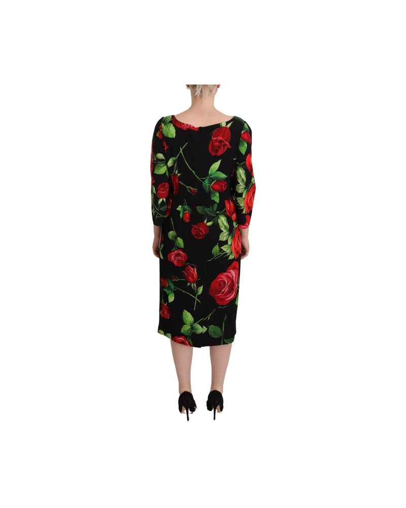 Dolce & Gabbana Black Silk Red Roses Sheath Stretch Dress Dresses