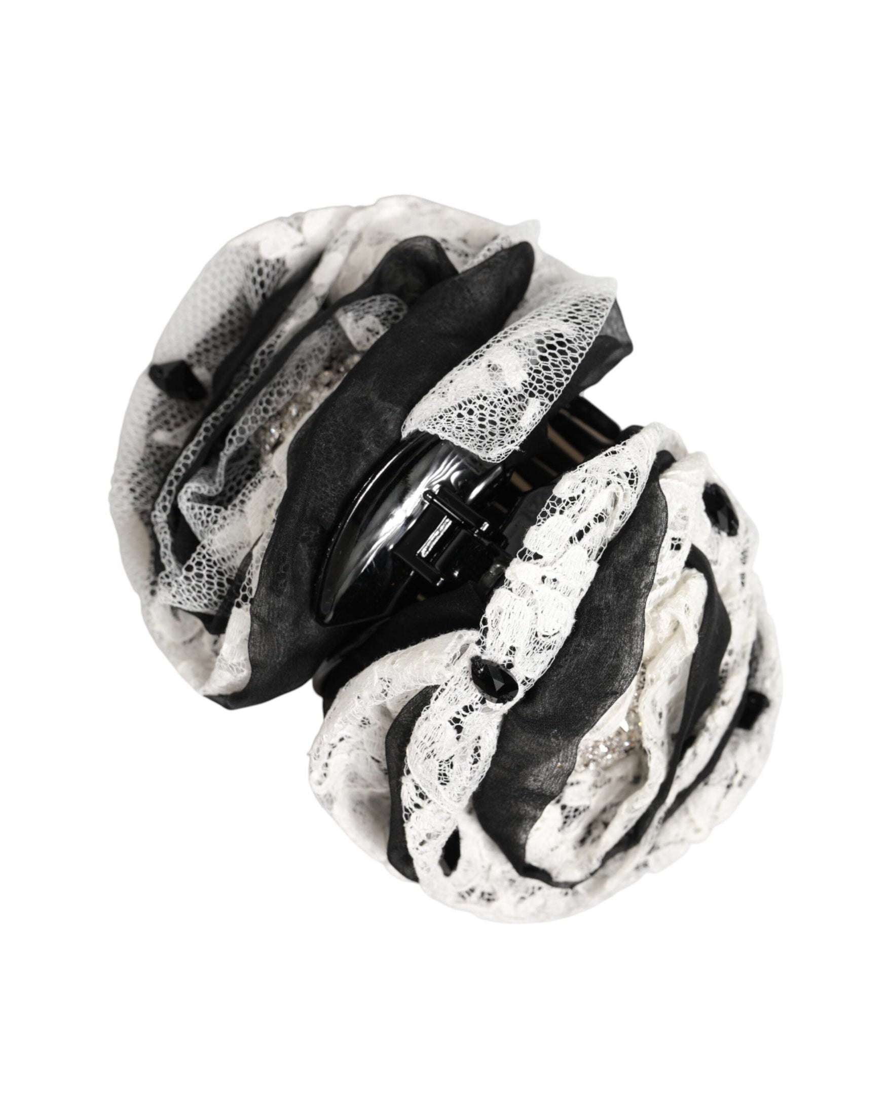 Dolce & Gabbana Black Silk White Floral Lace Crystal Accessory Hair Claw Glam Steals