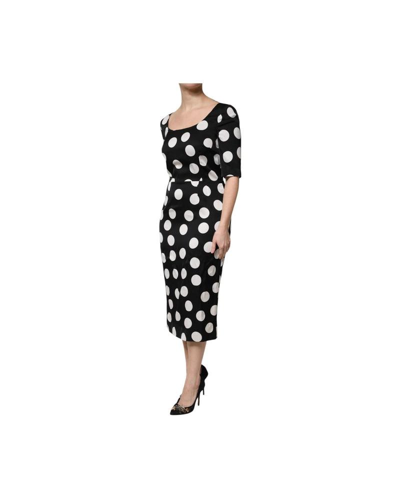 Dolce & Gabbana Black Silk White Polka Dot Sheath Midi Dress Glam Steals