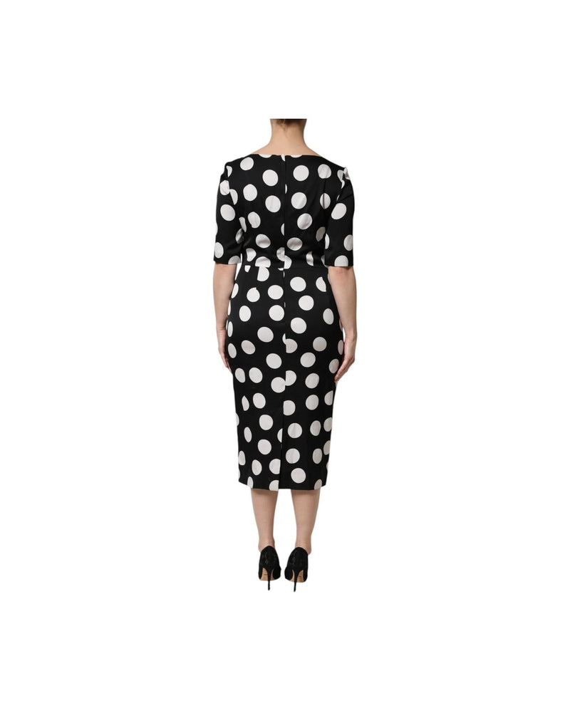 Dolce & Gabbana Black Silk White Polka Dot Sheath Midi Dress Glam Steals