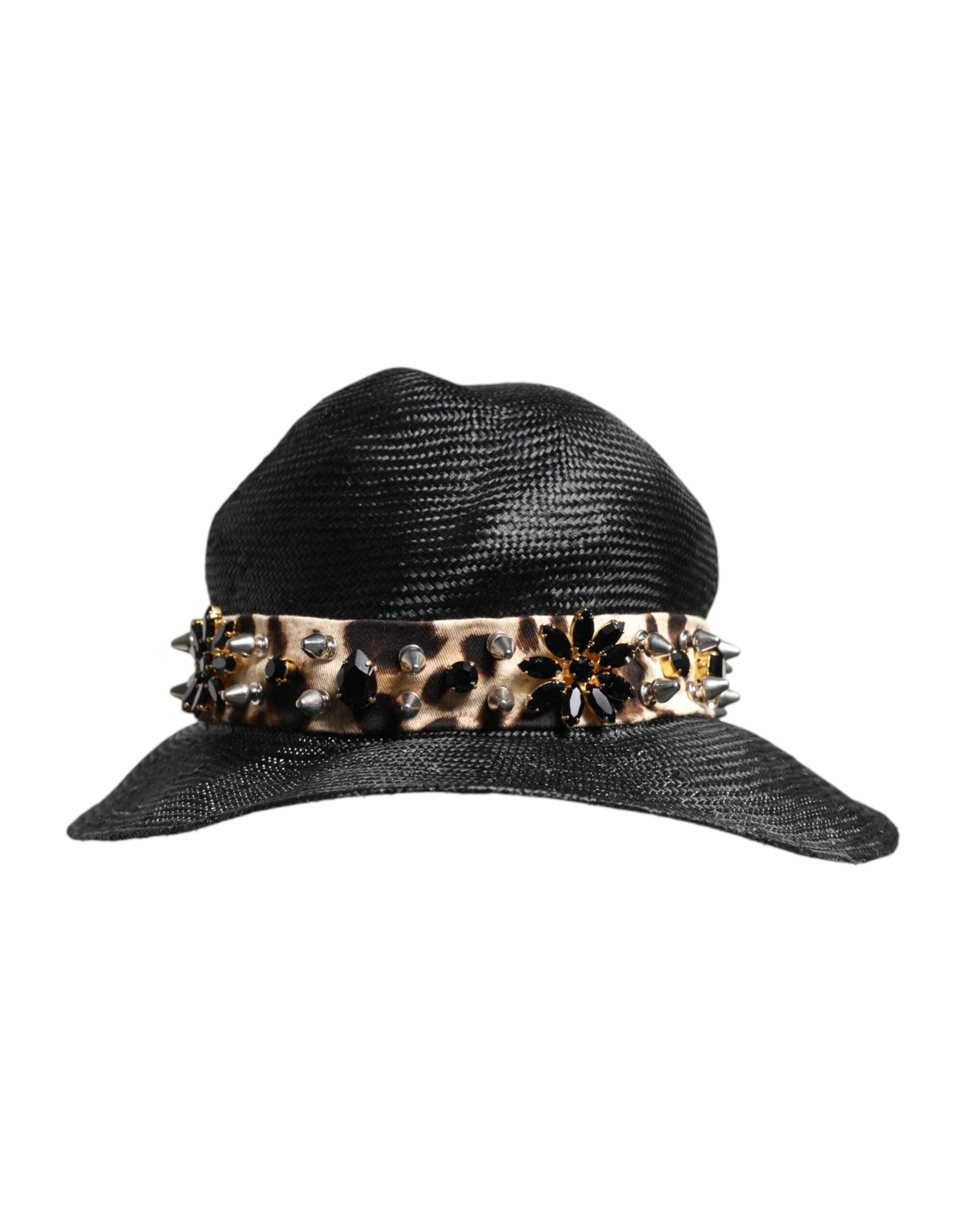 Dolce & Gabbana Black Straw Crystal Embellished Wide Brim Hat Glam Steals