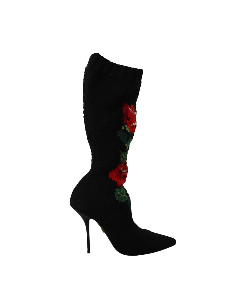 Dolce & Gabbana Black Stretch Socks Red Roses Booties Shoes Glam Steals