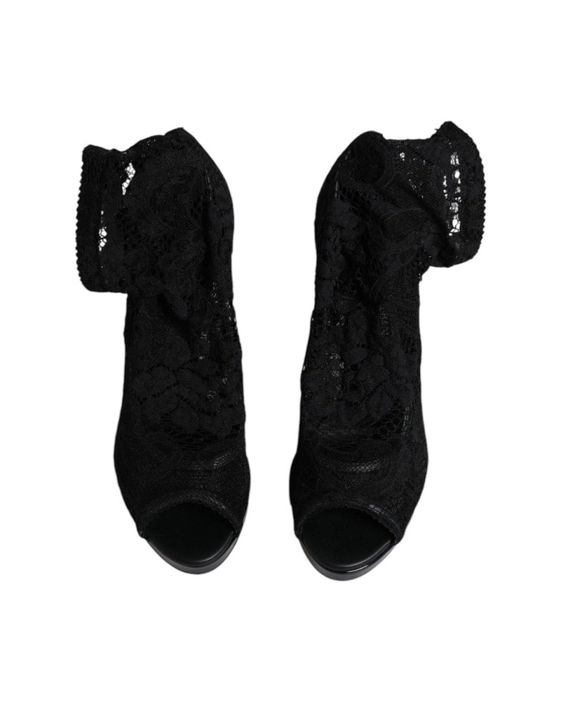 Dolce & Gabbana Black Stretch Taormina Lace Boots Shoes Boots