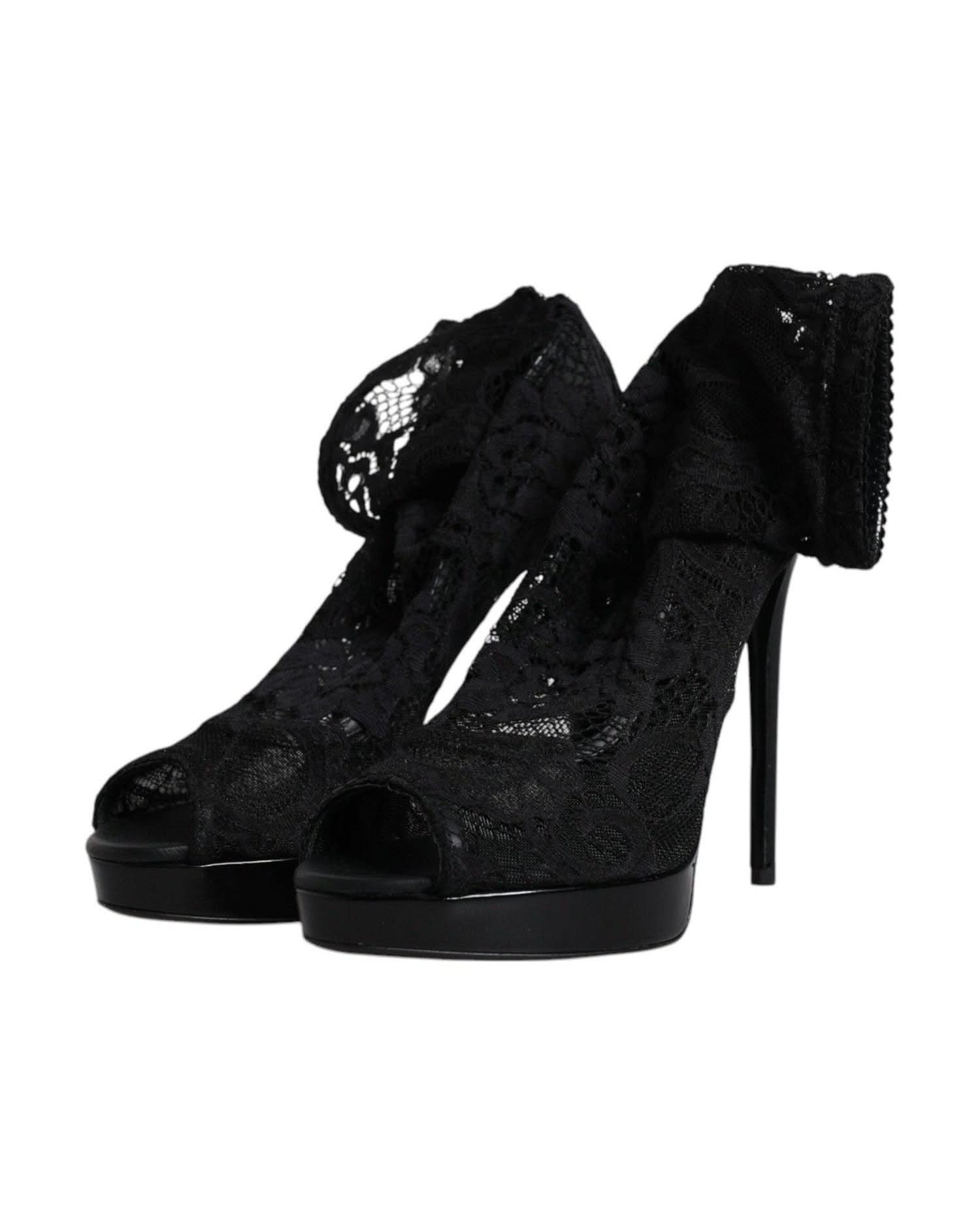 Dolce & Gabbana Black Stretch Taormina Lace Boots Shoes Boots