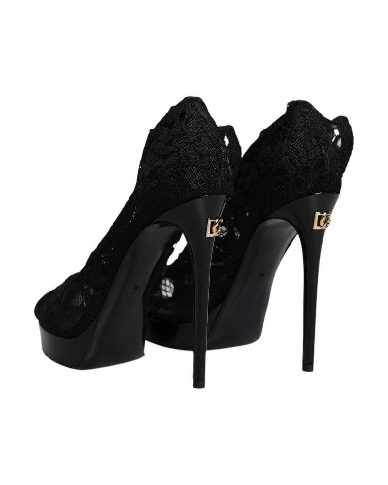 Dolce & Gabbana Black Stretch Taormina Lace Boots Shoes Boots