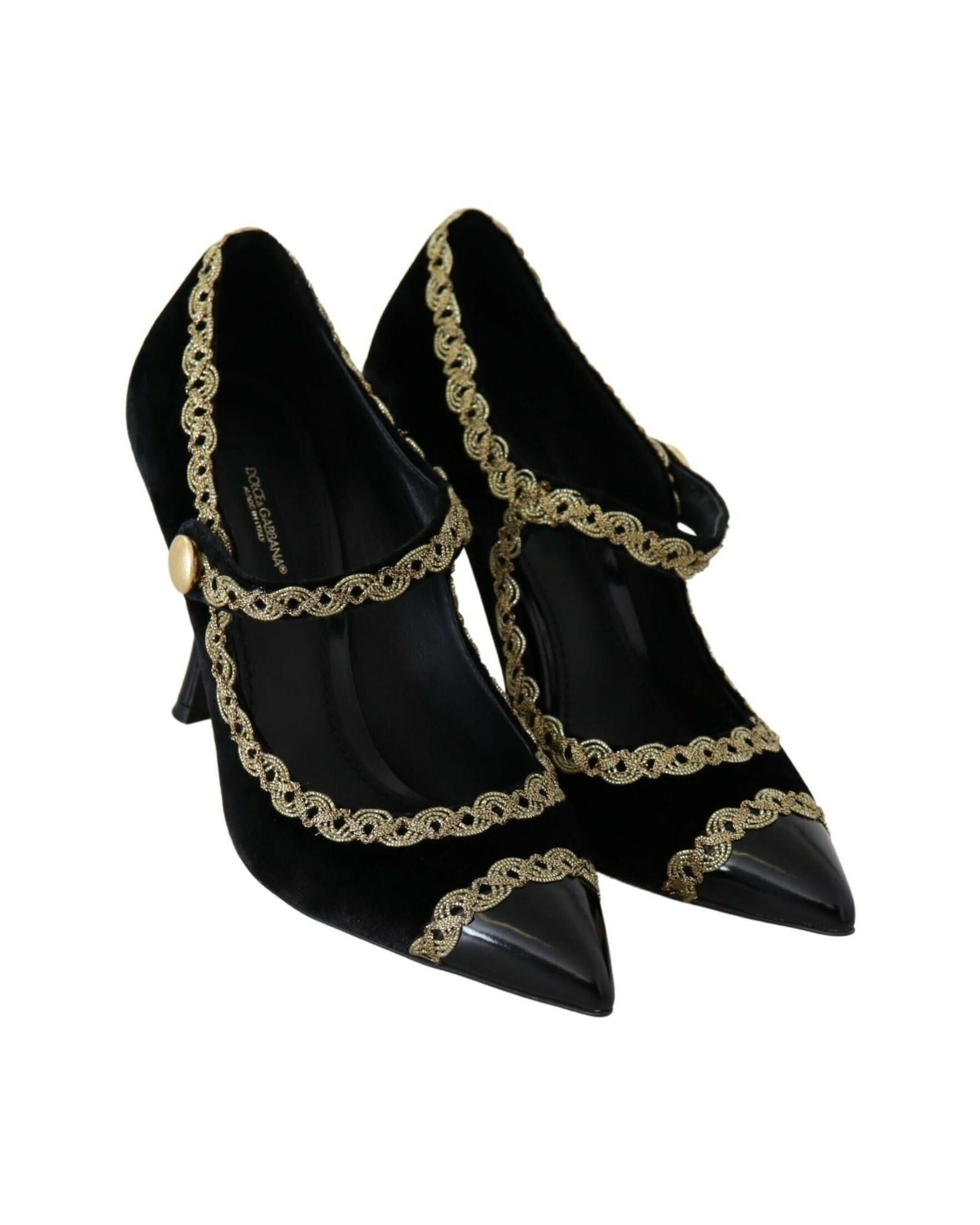 Dolce & Gabbana Black Velvet Embellished Mary Jane Pumps Shoes Heels