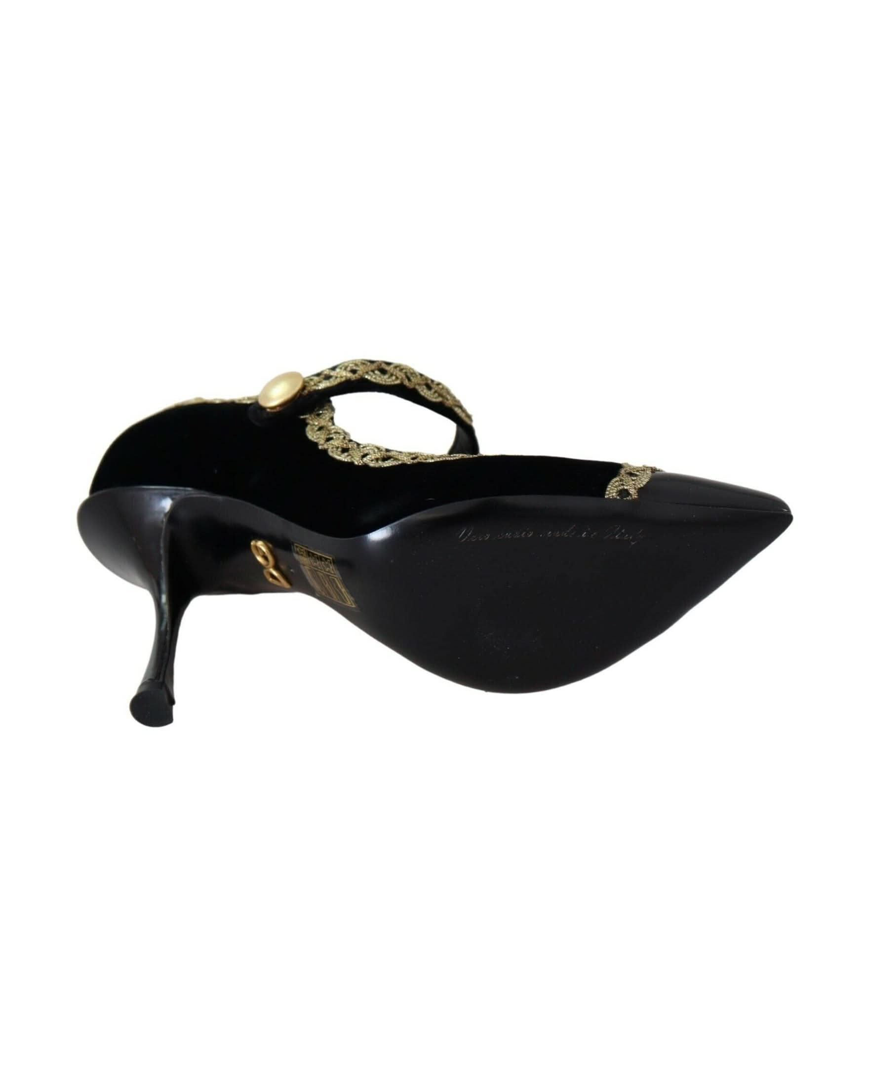 Dolce & Gabbana Black Velvet Embellished Mary Jane Pumps Shoes Heels