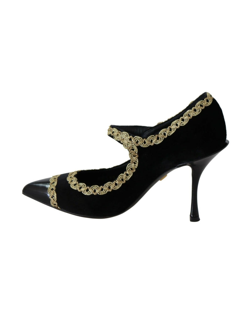 Dolce & Gabbana Black Velvet Embellished Mary Jane Pumps Shoes Glam Steals