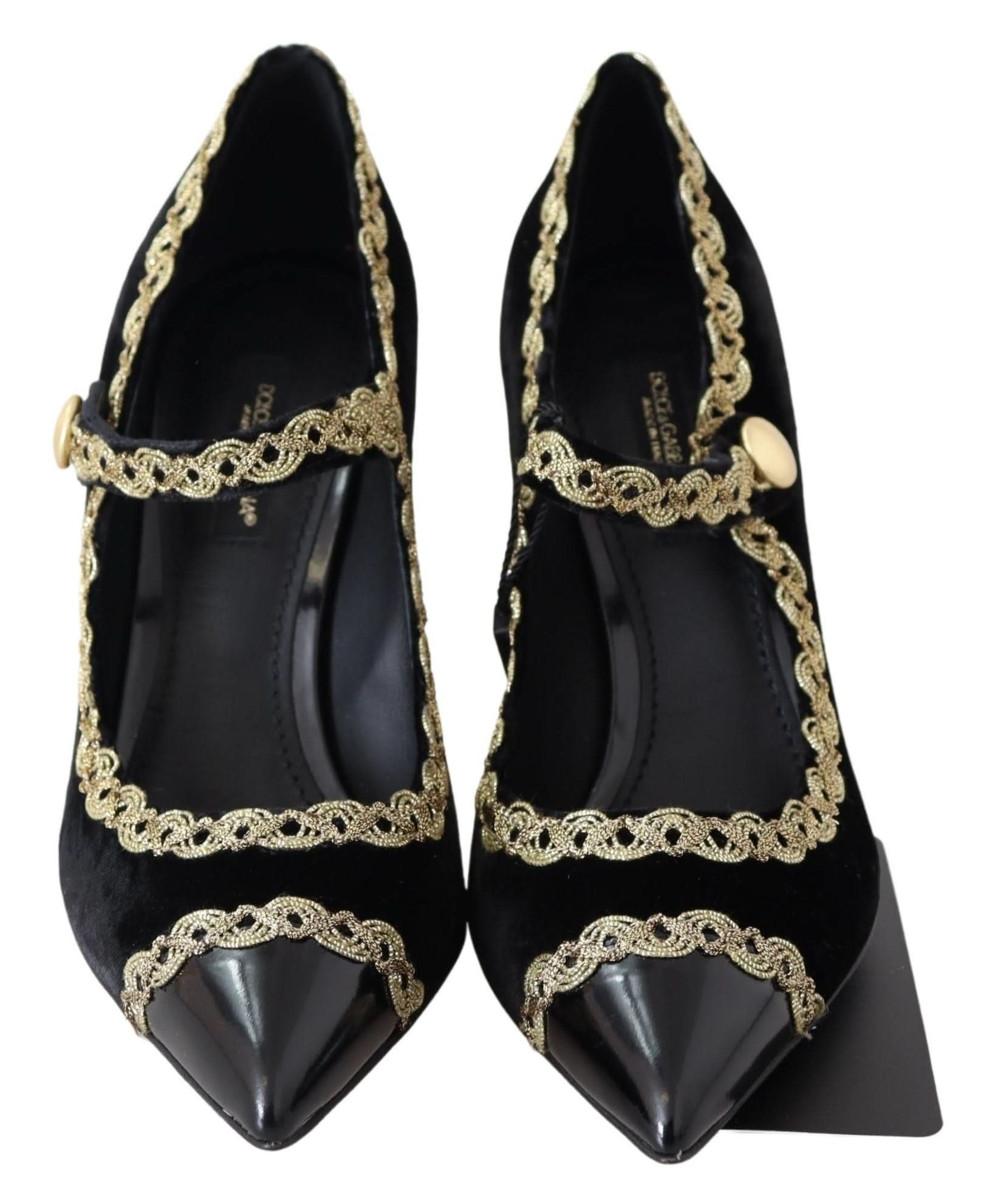 Dolce & Gabbana Black Velvet Gold Mary Janes Pumps Heels