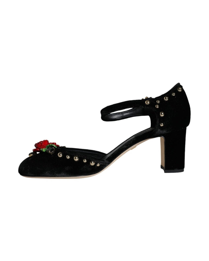Dolce & Gabbana Black Velvet Roses Ankle Strap Pumps Shoes Heels