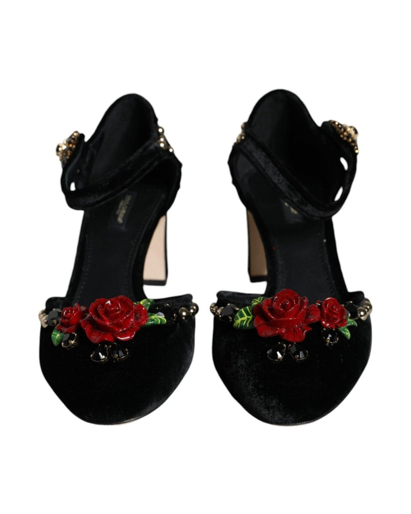 Dolce & Gabbana Black Velvet Roses Ankle Strap Pumps Shoes Heels